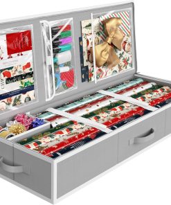 Simple Houseware 41.5 Wrapping Paper Storage Organizer - Fits 40 Rolls with Adjustable Straps. Interior Divider for Ribbons & Bows. 3 Clear Pockets for Gift Bags & Tools. 41.5''L x 16''W. Gray